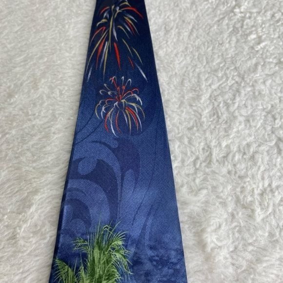 Tropical Hawaiian handmade men’s tie with Waikiki theme blue tan multi colored - Picture 4 of 11